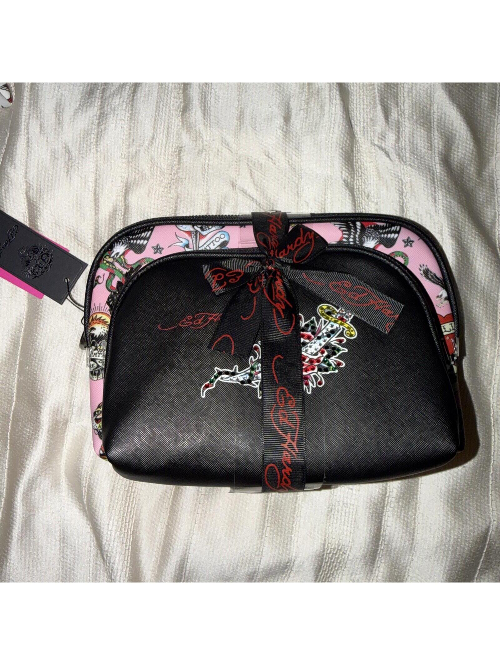 Ed Hardy Womens PinkBlack 2pc Cosmetic Bag Set Brand New